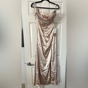 NEW! Satin Fitted Pleated Cowl Neck Formal Dress In Champagne